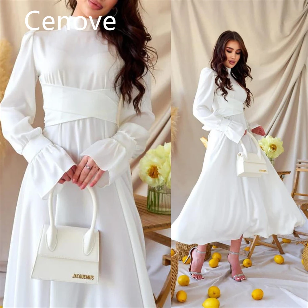 

Cenove White A-Line High Neckline Prom Dress Tea-Length With Long Sleeves Evening Summer Elegant Party Dress For Women
