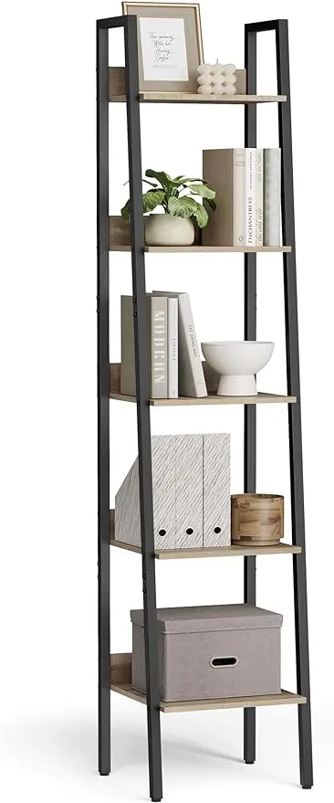 

Bookshelf, 5-Tier Narrow Book Shelf, Bookcase for Home Office, Living Room, Bedroom, Kitchen, Camel Brown and Black