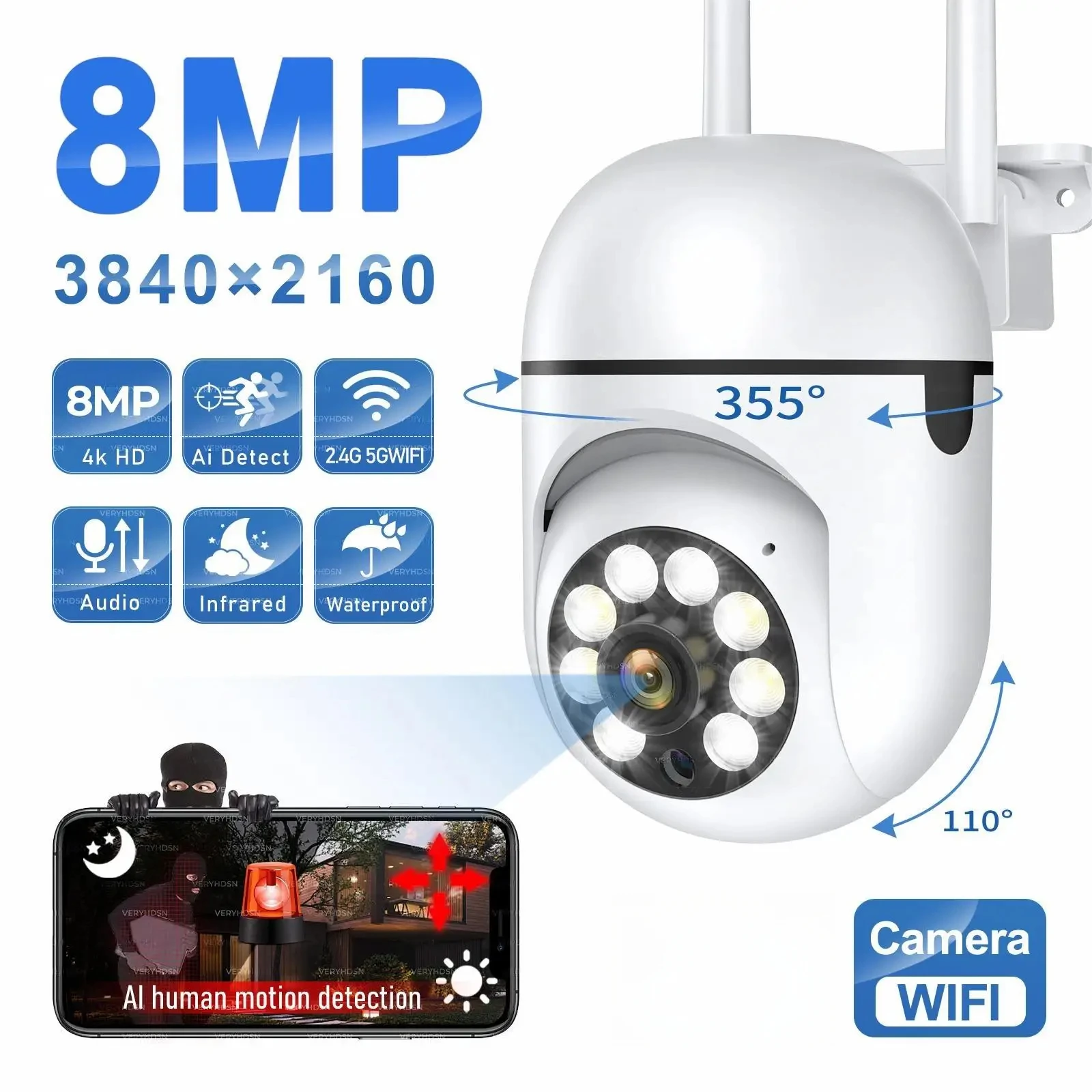 8MP Wireless Outdoor Security PTZ Camera with AI Tracking