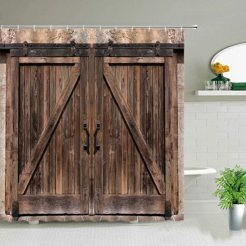 

Retro Wood Doors Shower Curtain Set Rustic Old Vintage Barn door Fabric Bathroom Curtains Farmhouse Bath Decor Bath Screens Hook