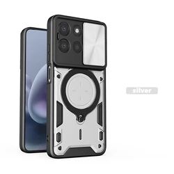 Shockproof Armor Slide Camera Protector with Magnetic Ring Holder - Durable Back Case for Moto G57 Power (Silver)