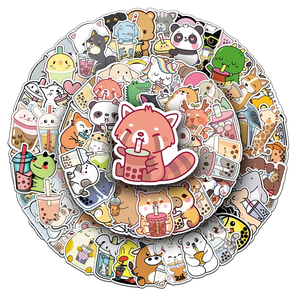 Cute Cartoon Animal Boba Tea Graffiti Stickers - Fun Decorative Decals for Suitcase, Guitar, and Laptop