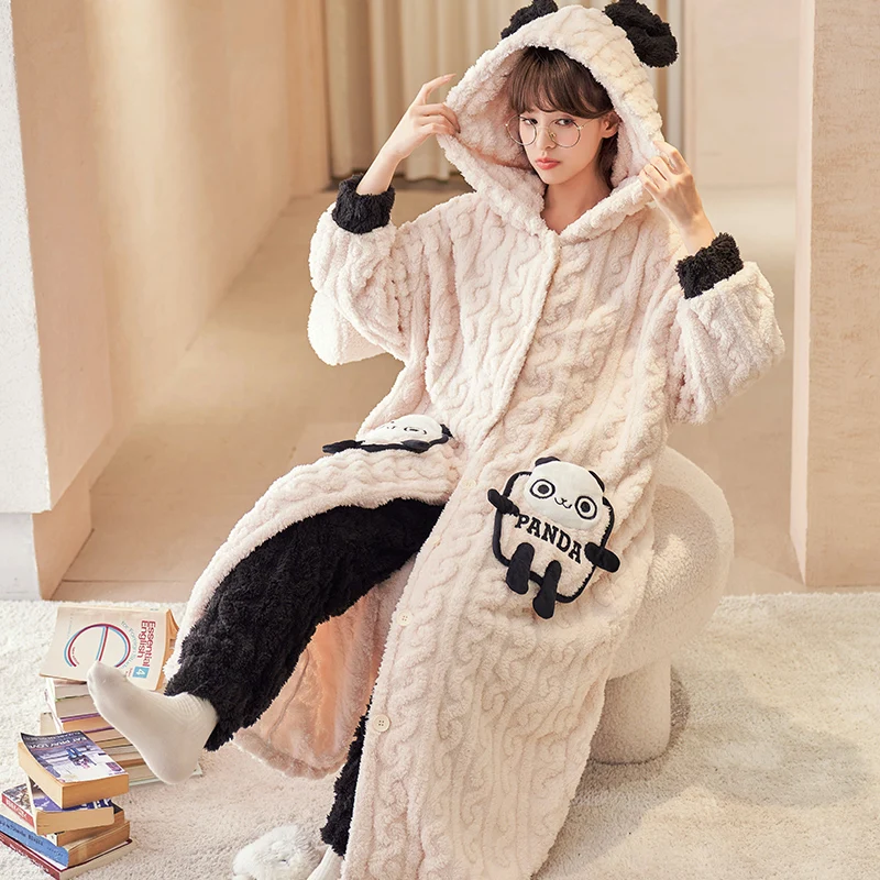 Robes Women Dressing Gown Winter Coats for Home Clothes Warm Bathrobe Female Coral Fleece Nightdress Sleepwear Cute Kimono