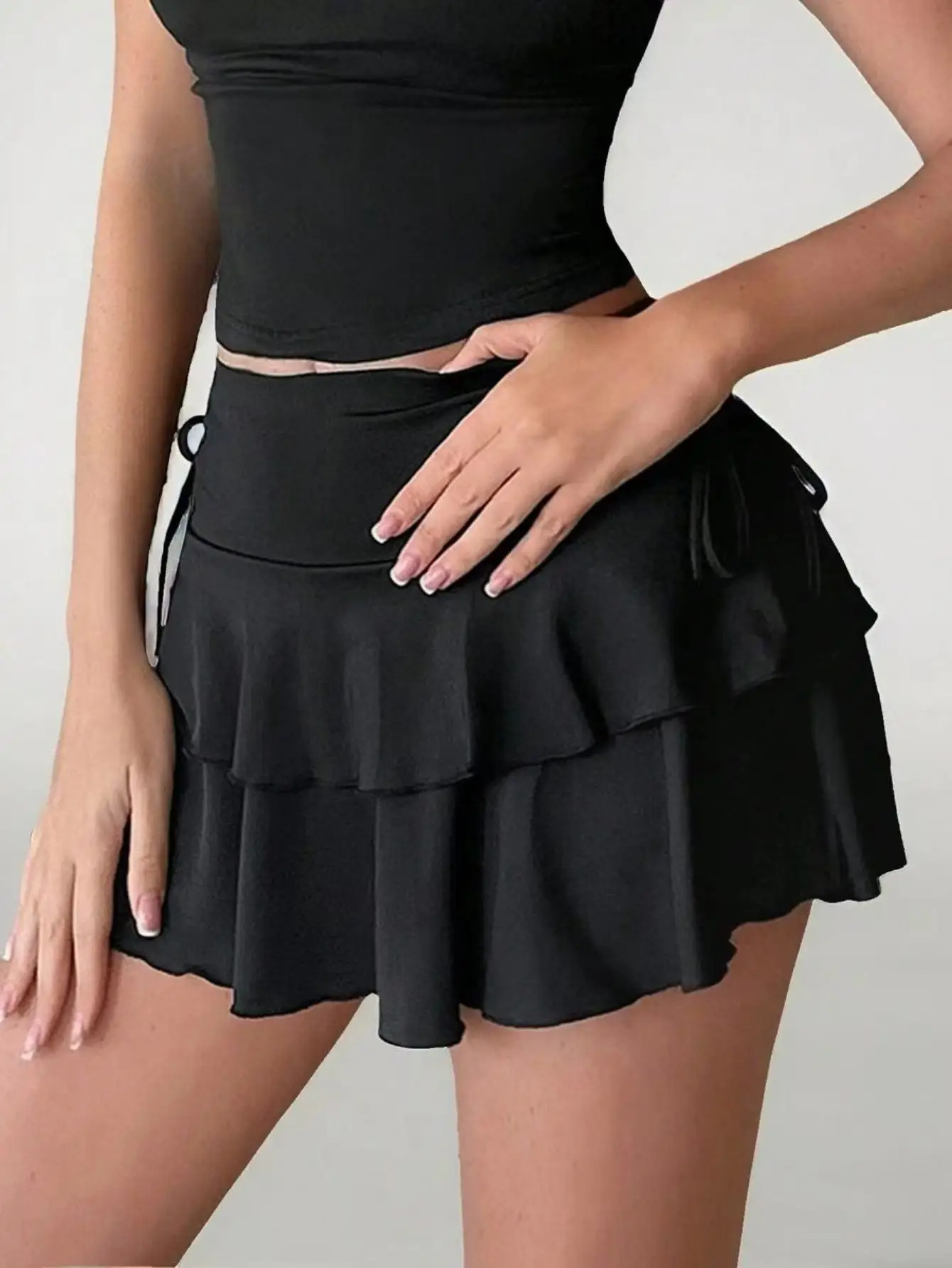 Drawstring And Fold Detail Solid Color Cake Skirt, Spring/Summer, Party Skirt, Beach Skirt, Summer Vacation Outfits - Image 3