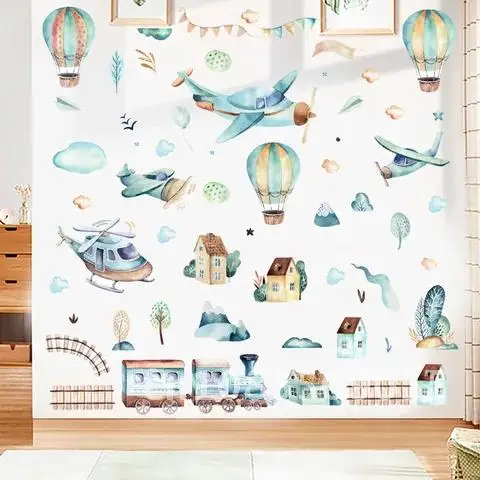 

Cartoon Airplane Train Wall Stickers Hand Paint Watercolor Hot Air Balloon Stickers for Kids Room Nursery Decoration Wall Decals