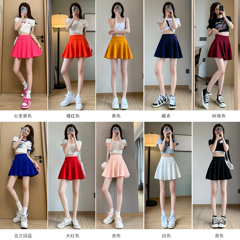 Summer Basic Skirts Women Shorts Mini Elastic Pleated Skirts High Waist Bubble Sun Skirts School Girl Uniform Lined Safety Pants