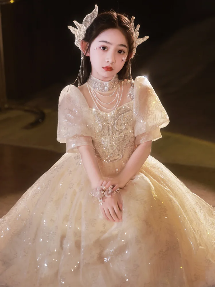 

Princess Girls Dress Chic Elegant Tulle Lace Gold Sequined Children Prom Dresses Homecoming Party Performance Costume Ball Gowns