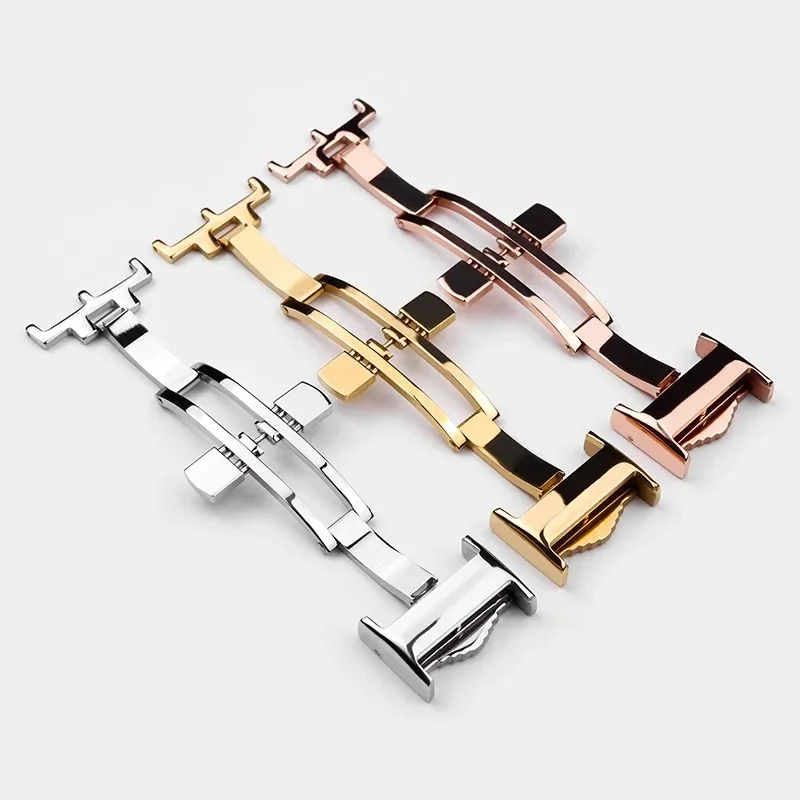 Rose Gold Stainless Steel Butterfly Buckle Double Button Watch Strap Clasp