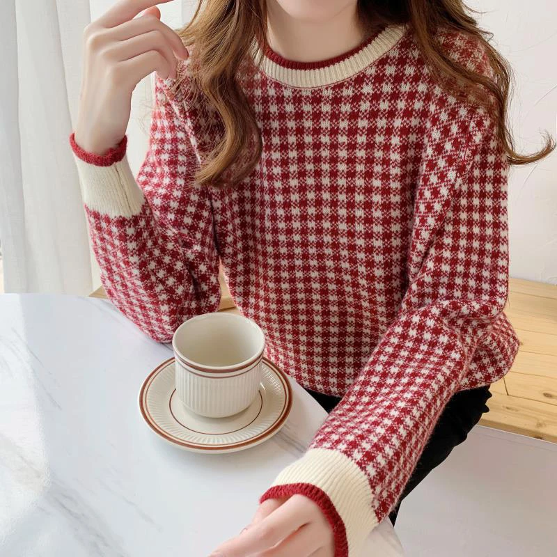 

Classic O-Neck Plaid Knitted Sweater Women Korean Loose Vintage Pullover Fall Winter New Long Sleeve Female Clothes 2022