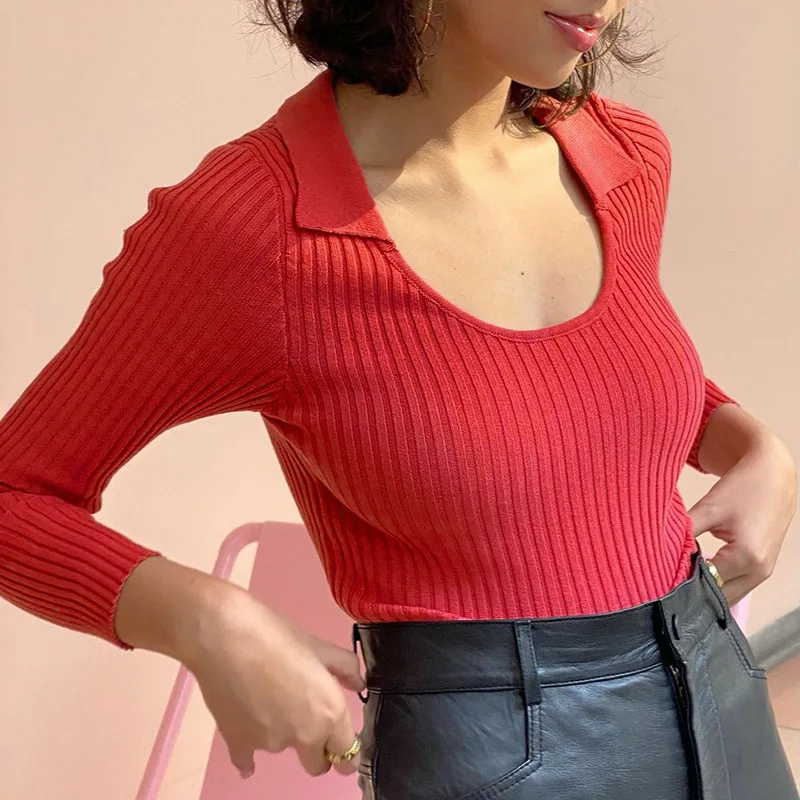 

Fashion 2021 Lapel Long-sleeved Knitted Top Casual Fall/winter New Women's Solid Color Lapel Slim Short Bottoming Shirt Women
