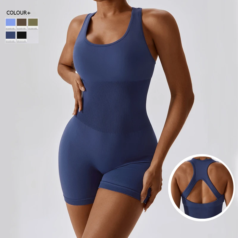

Seamless Knitted Fitness Jumpsuit Women Solid Color One Piece Yoga Set Super Stretch Slim Fit Short Sportswear Workout Clothes