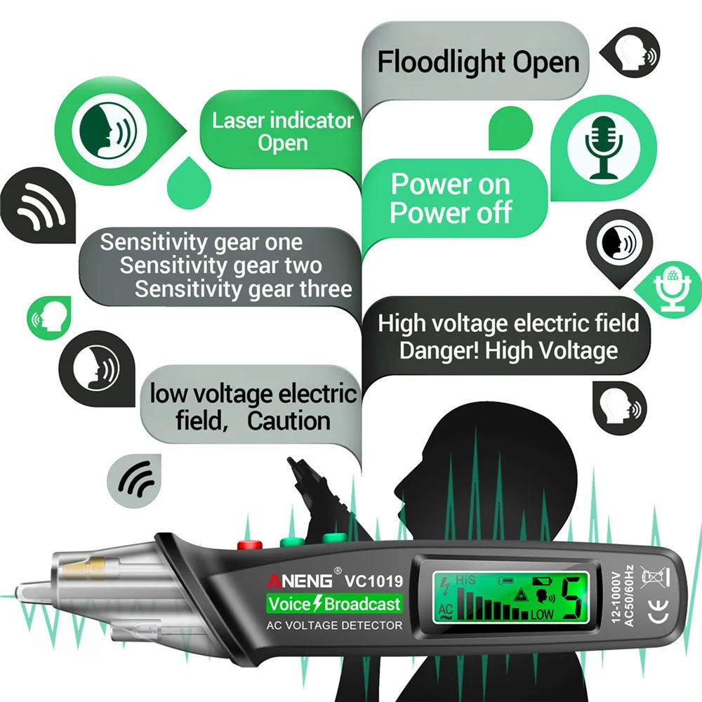 ANENG VC1019 Voltage Detector Non-Contact Voice Broadcast Tester Pen 12V-1000V Electrical Pen AC Voltage Tester Breakpoint Finde 2