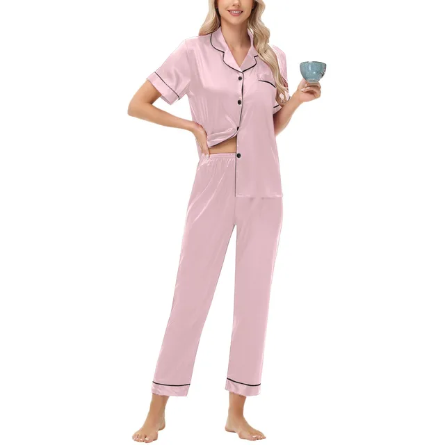 Women Satin Pajamas Cozy Lounge Set Winter Long Sleeve Buttons Lapel Top & Pants Loungewear 2 Piece Sleepwear Button-Down Pj Set 1