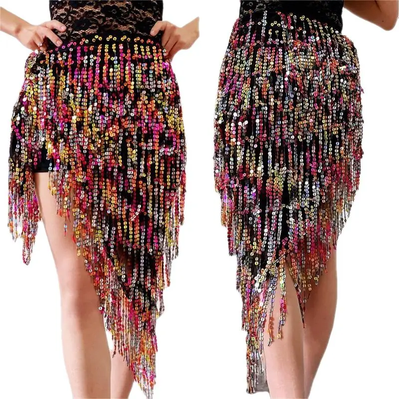 WomenDynamicSequinsBellyDanceWaistChainSkirtsOrientalTriangle
