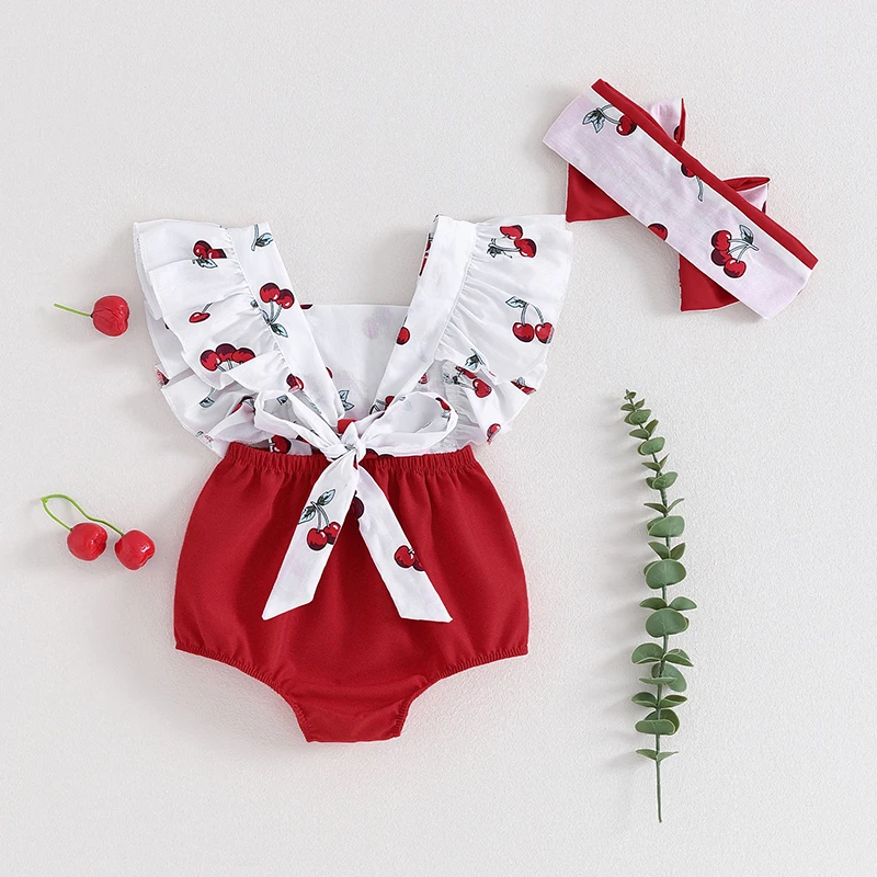 

Newborn Baby Girl Outfit Ruffle Sleeve Cherry Print Romper with Hairband Bodysuit Jumpsuit