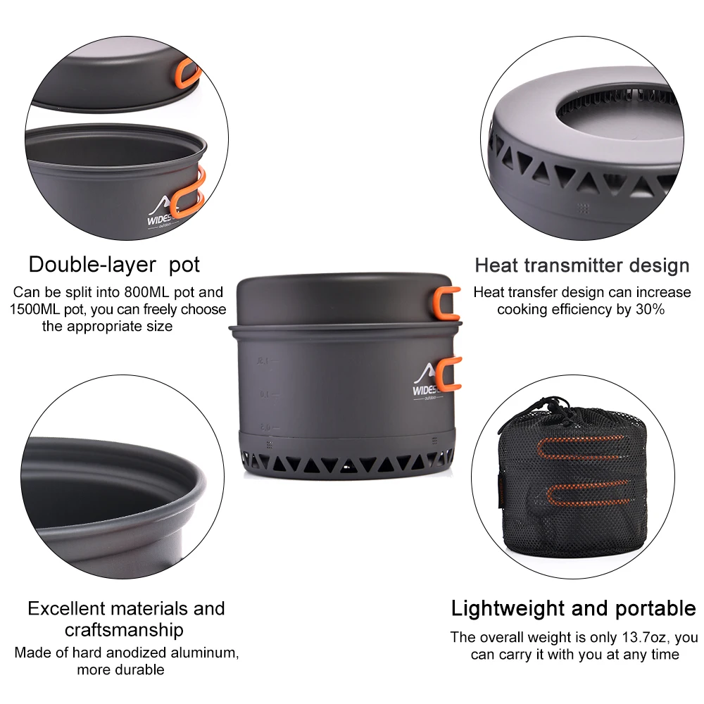 Widesea Camping Pot Cookware Set Heat Exchanger Cooking Outdoor Travel Portable Teapot Ultralight Bowl Hiking Picnic Barbecue