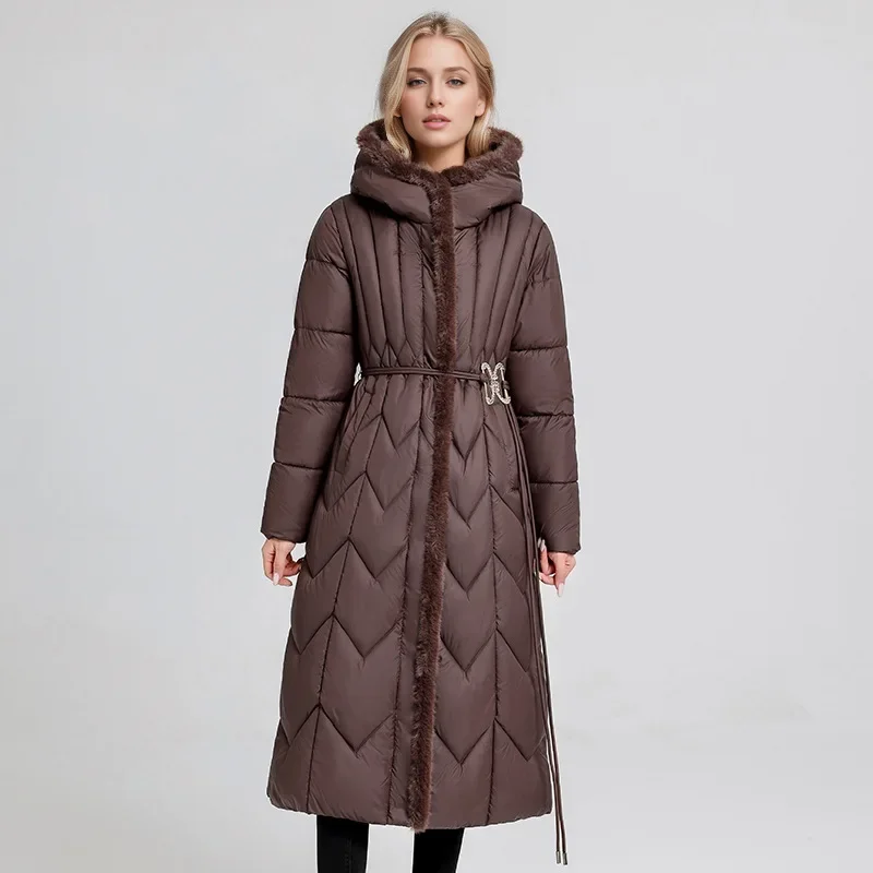 Winter Down Cotton Jacket Fashion Fur Collar Hooded Mid-length Jacket Thick Warm Cotton Jacket Suitable for Middle-aged Women