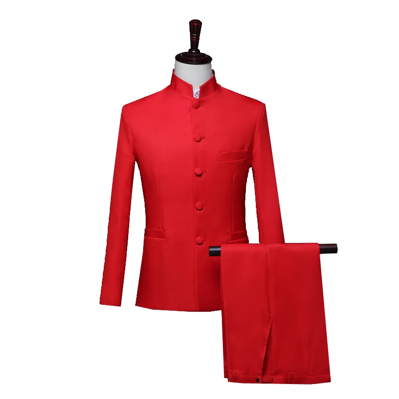Formal Suit New Men Pure Colour Business Formal Wedding Banquet Suit 2 Piece Red / White Male Chinese Style Standing Collar Blazer Trousers