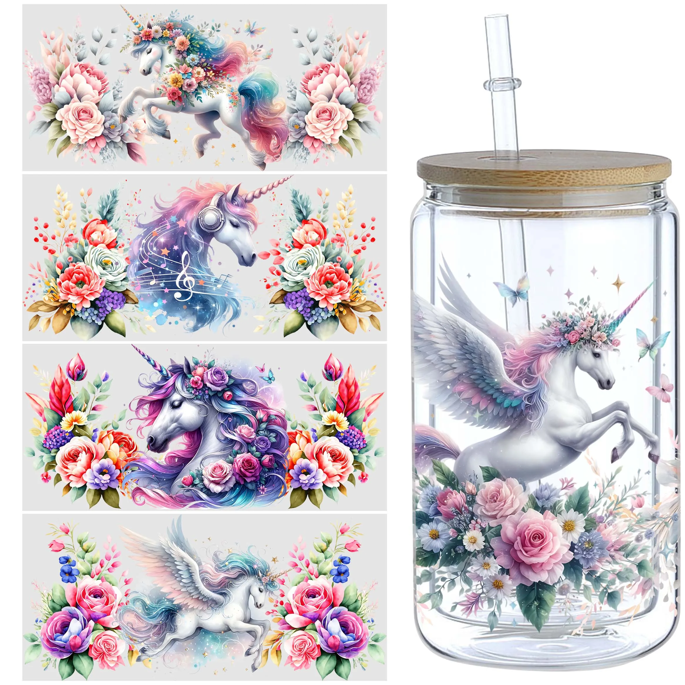 5 Sheets Unicorn UV DTF Cup Holder 16 oz,DTF Cup Holder Transfer Glass,Water Bottle Waterproof Sticker,Friction Transfer Sticker