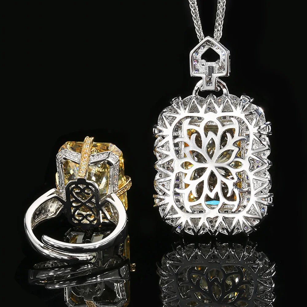 2025 Trend 15*20mm Topaz Pendant Necklace Rings Set for Women Vintage Gemstone Lab Diamond Party Fine Jewelry Sets Female Gift 5