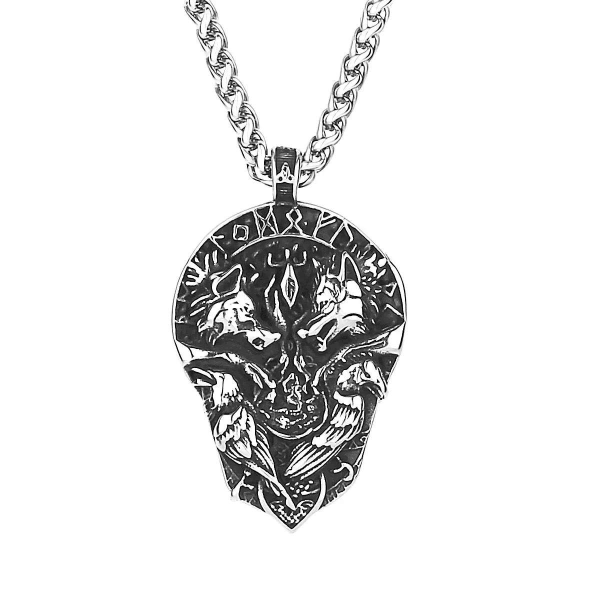 

CHUANGCHENG Viking Vintage Dominant Double Wolf Men's Personality Rune Stainless Steel Pendant Necklace