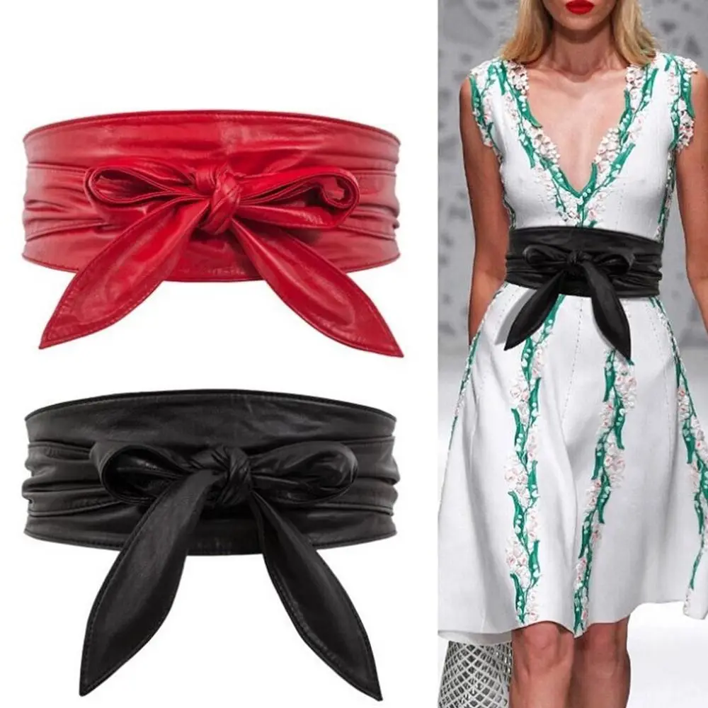 Frauen Lace Up Gürtel Mode PU Leder Bowknot Gürtel Mehr Breit Binden Bund Krawatten Bogen Damen Kleid Dekoration – Detail 1