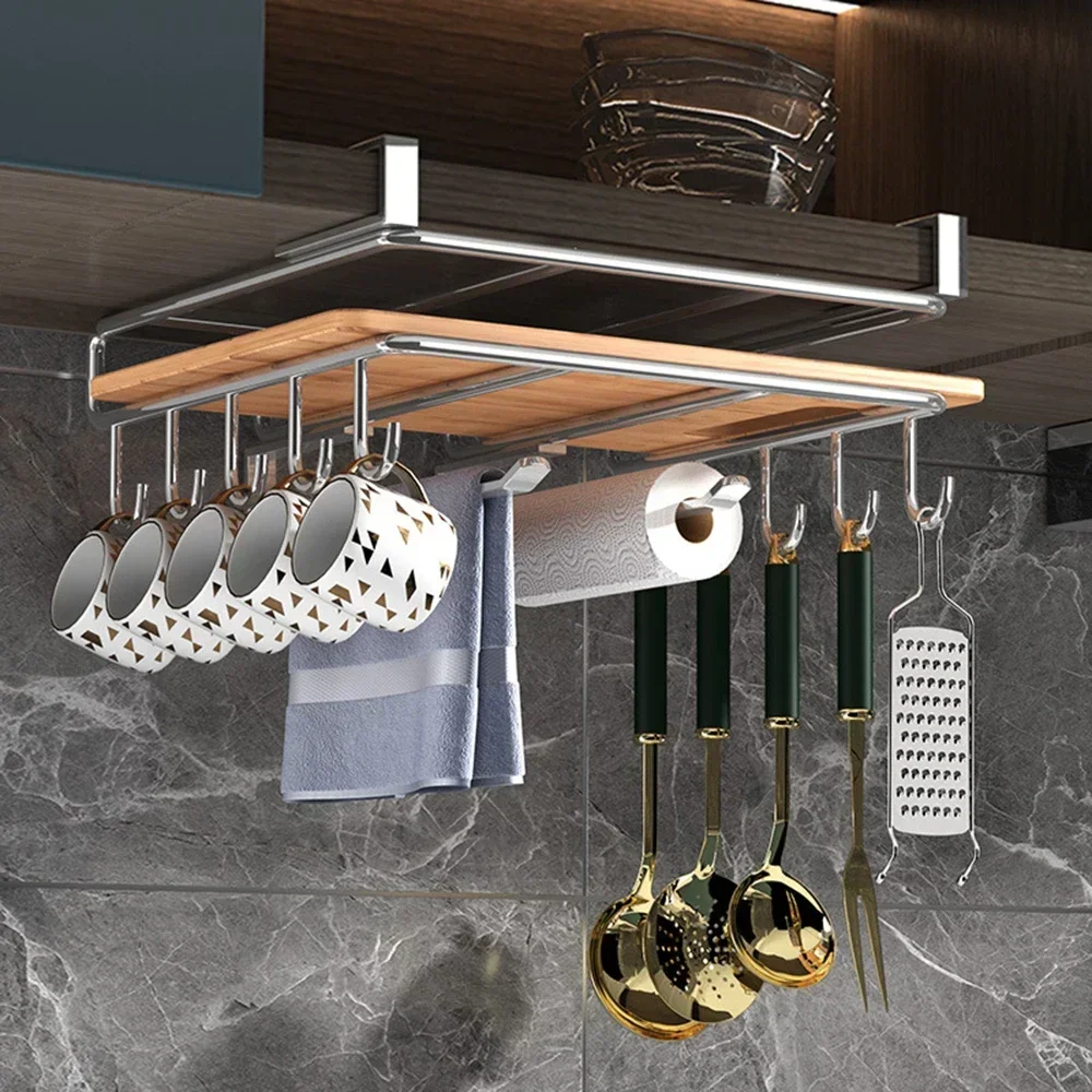 Under Cabinet Kitchen Organizer Rack - Stainless Steel Paper Towel & Cutting Board Holder
