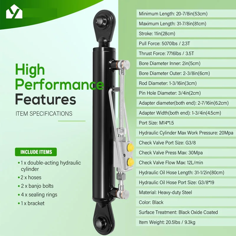 Hydraulic Top Link SPH320033 Cat. 1-1 with Locking Block 20 7/8&rdquo;-31 7/8&rdquo; 2 x Hose Fits Most Tractors Excavators