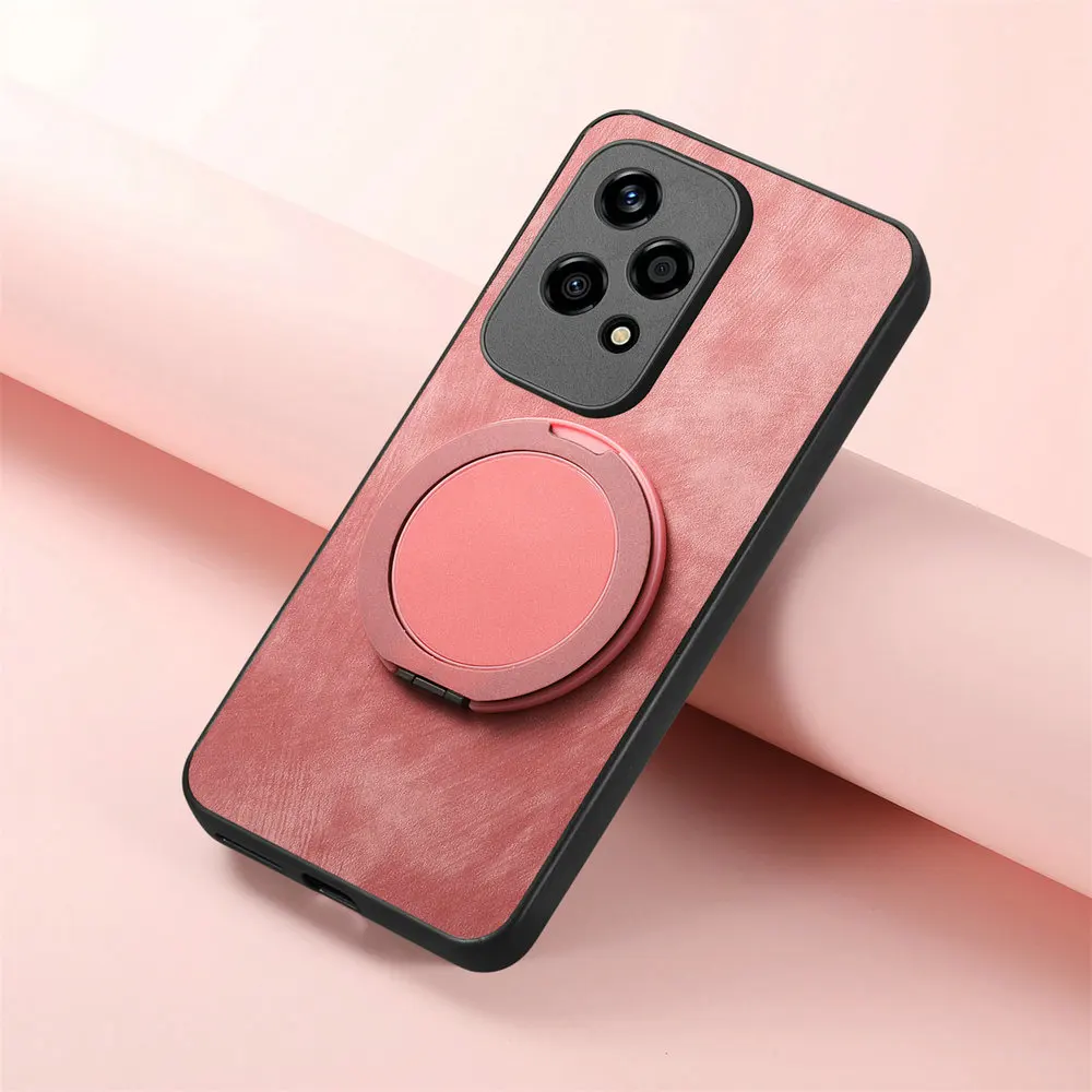 Leather Back Panel Phone Case with Magnetic Ring Holder, Enhanced Protection