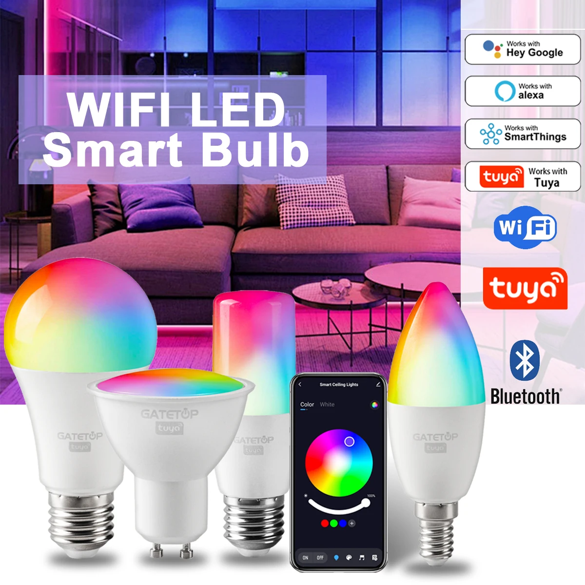 밝기 조절 가능 투야 RGB 스마트 전구, 와이파이 LED 매직 램프, 알렉사 구글 홈과 AC85V-265V 작동, Gu10 C37 A60 T37 E14 E27 B22 라이트