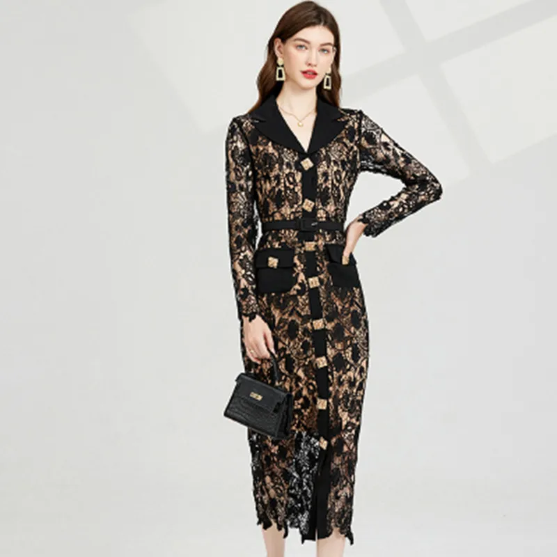 

High Quality Temperament Suit Lapel Water Soluble Hollowed-Out Lace Dress Women's Long Sleeve Slim-Fit Metal Buckle Long Dress