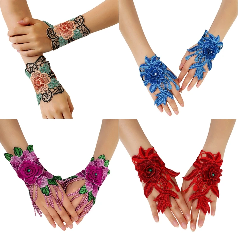 

Embroidery Lace Wristband Ethnic Floral Gloves Fingerless Hollow Gloves