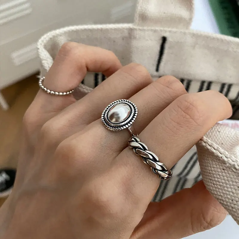 Silver Rings 925 Sterling Couples Accessories INS Fashion Vintage Twist Design Round Shape Geometric Thai Silver Jewelry silver rings