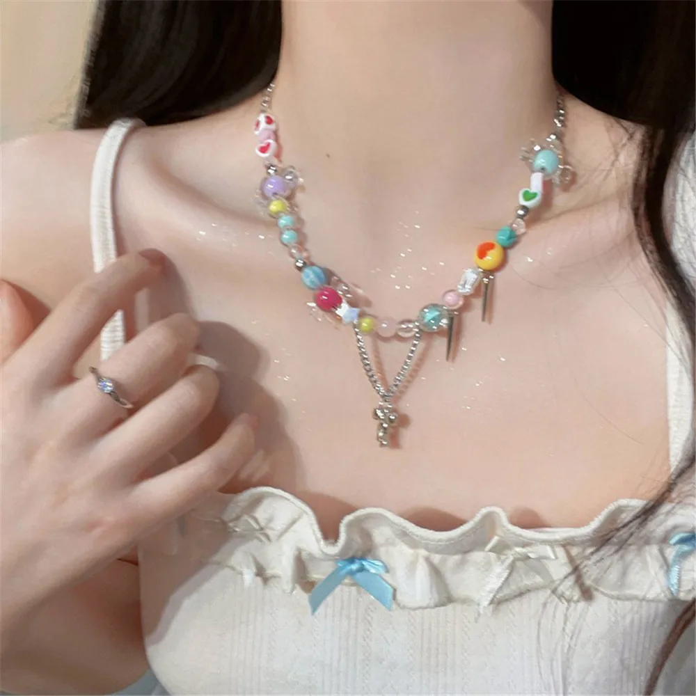 Colorful Beaded Candy Star Decor Clavicle Chain Y2k Necklace - Temu