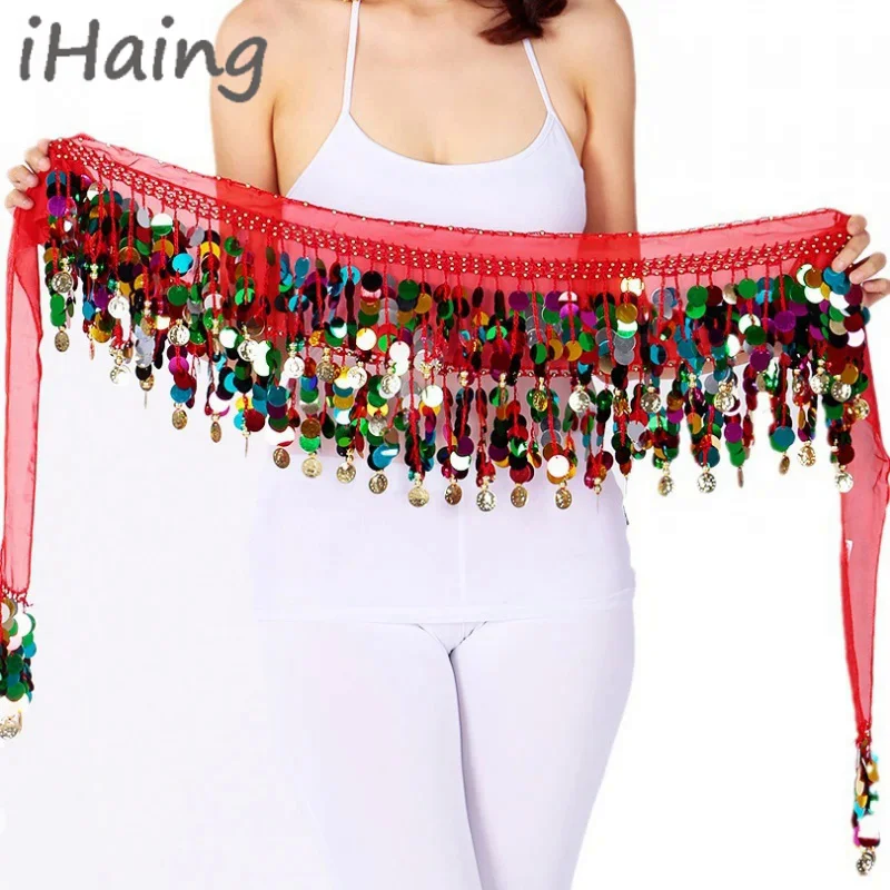 

Women Sequins Belly Dance Hip Scarf Adult Adjustable Tassel Dancewear Tribal Indain Practice Coin Dance Skirt Belt Costume