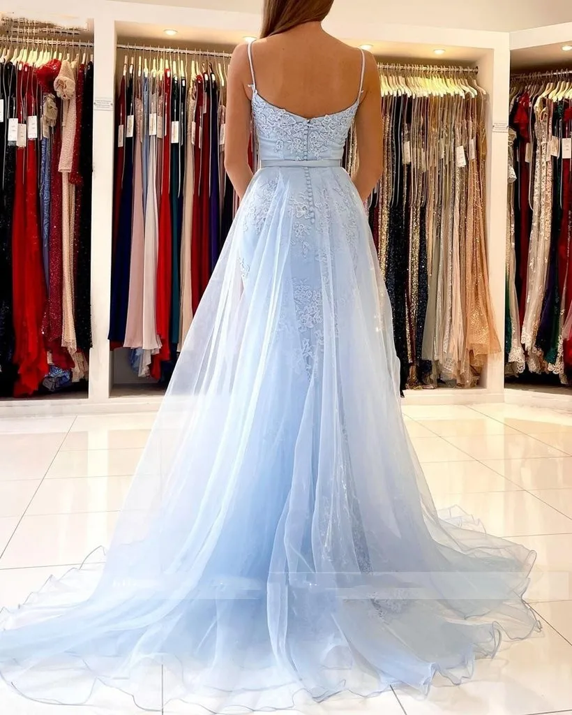 Light Blue Mermaid Prom Dresses Long Sweetheart Appliques Lace Evening Dress Detachable Tulle Train Formal Party Gowns