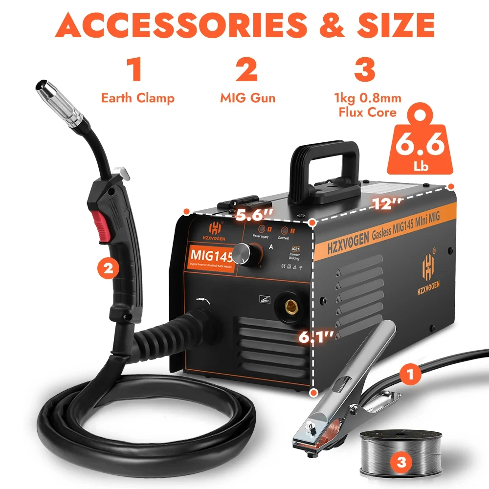 HZXVOGEN MIG145 No Gas Semi-automatic MIG Welding Machine For Gasless Iron Soldering Portable Inverter Welder Flux Cored Wire