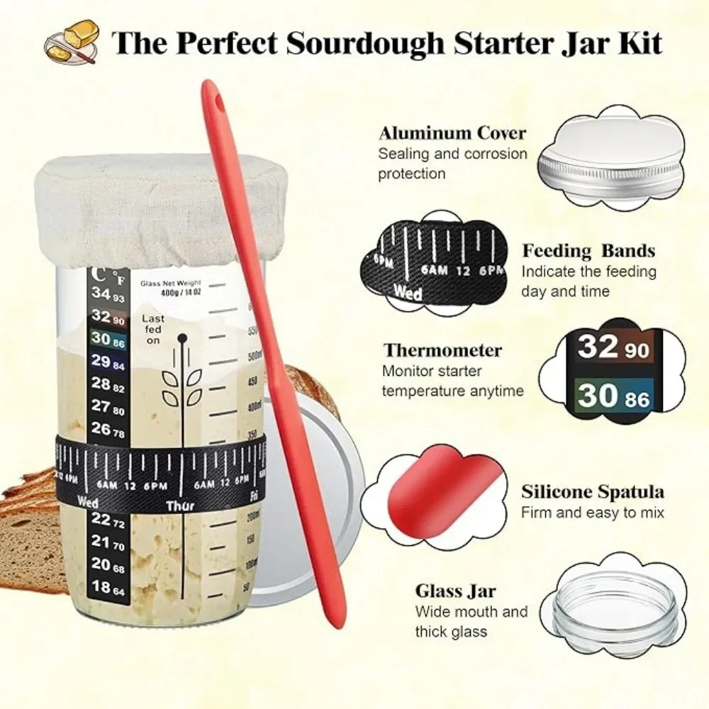 CXAFQ 2 stuks 24 oz zuurdesem potten, zuurdesem starter pot deksel set, brood fermentatie, herbruikbare zuurdesem starter pot, met thermometer, voerdatum band, doek deksel, siliconen schraapsel