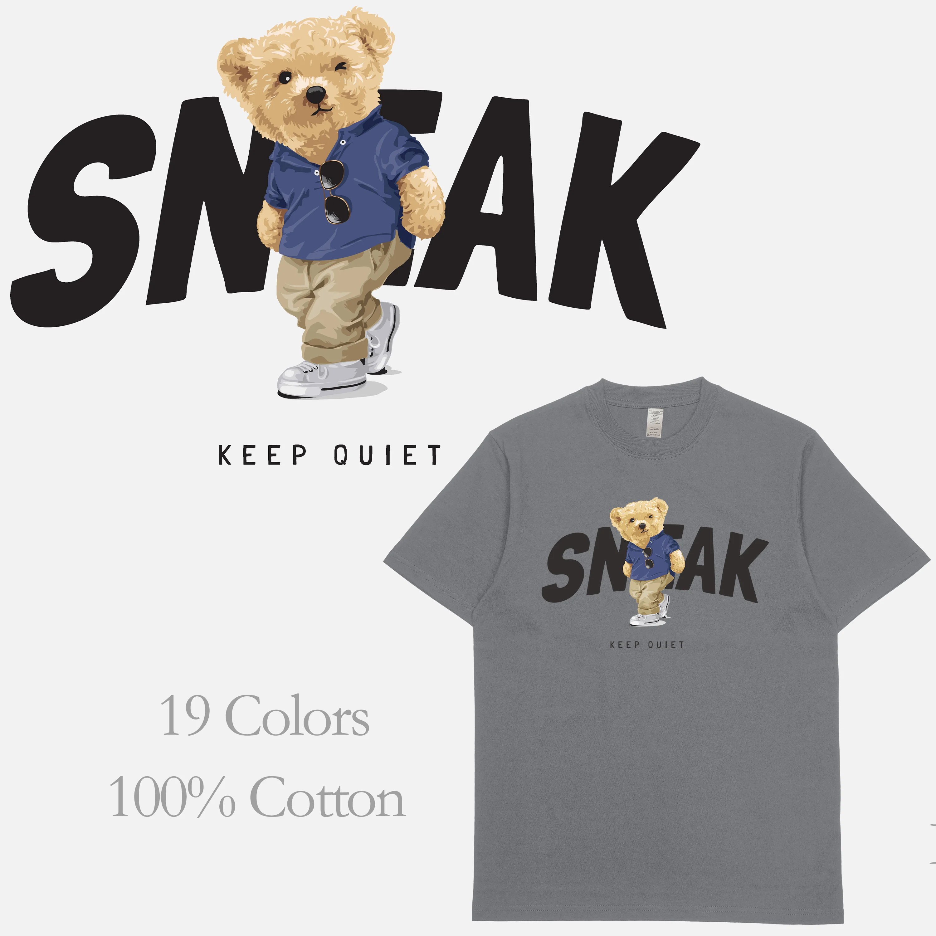 

BLINGPAW Graphic T Shirts Teddy Bear Sneak Keep Quiet Letter Print T-shirt White Cotton Unisex Tees Summer Tee Harajuku Shirts