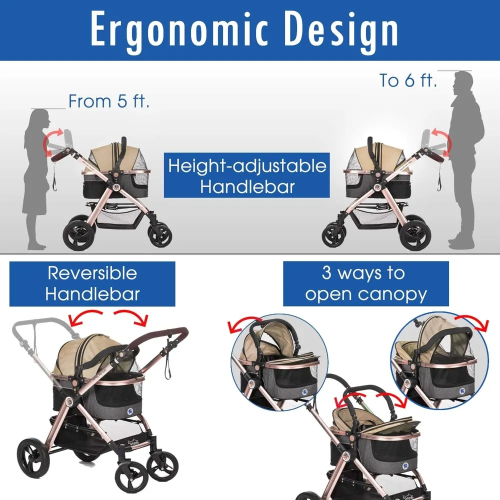 Pet Rover Prime 3-in-1 Luxury Dog/Cat Stroller (Travel Carrier +Car Seat +Stroller) with Detach Carrier/Pump-Free Rubber Tires