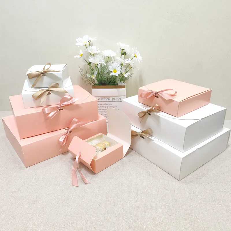 5Pcs/10Pcs White Pink Blue Gift Box Wedding Birthday Party Favor Clothes Packaging Handmade Biscuit Candy Box Multicolor Ribbon