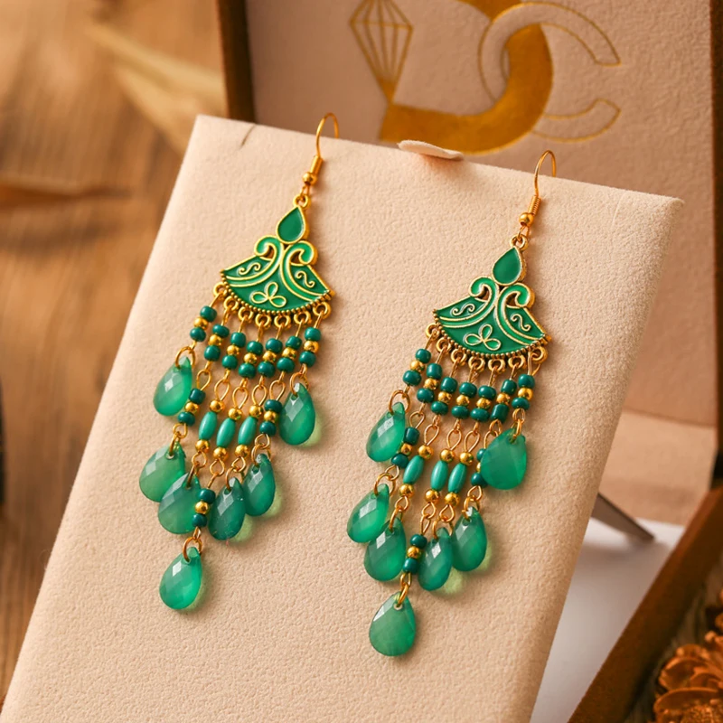 البوهيمي الأخضر المينا ليف قطرة الماء أقراط للنساء العرقية طويلة هندسية الطازجة القرط الإناث عطلة اليومية مجوهرات هدية