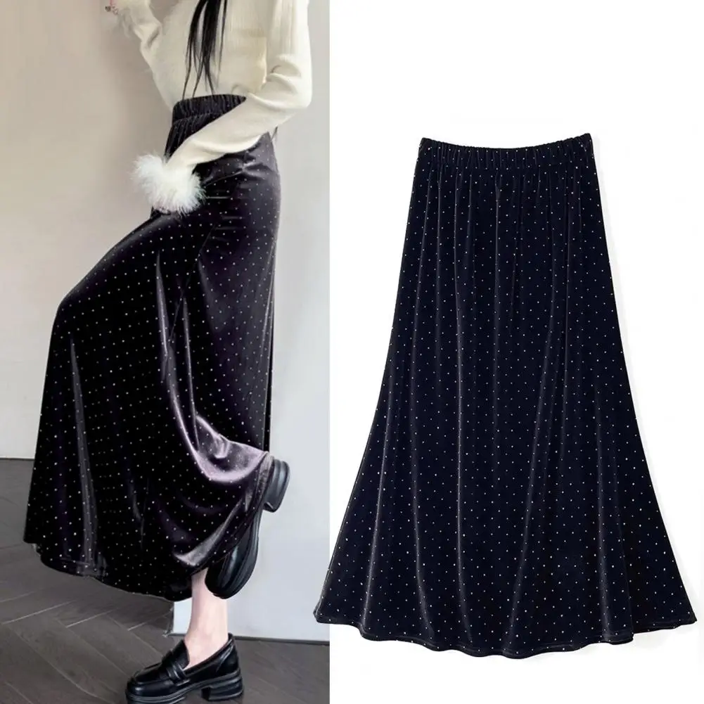 

Light Luxury Rhinestone Skirt Elegant Rhinestone Decor Maxi Skirt for Women High Elastic Waist A-line Big Swing for Commute