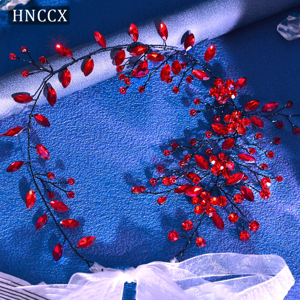 HNCCX 우아한 레드 컬러 라인스톤 꽃 신부 헤어 바인 야외 결혼식 연회용 수제 헤드피스 프롬 헤어 밴드 HP65
