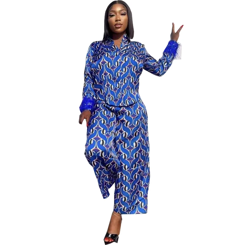 

2 Piece Set African Clothes Women Feather Full Sleeve Tops And Pants Suit Fashion New Print Streetwear African Outfits Clothing
