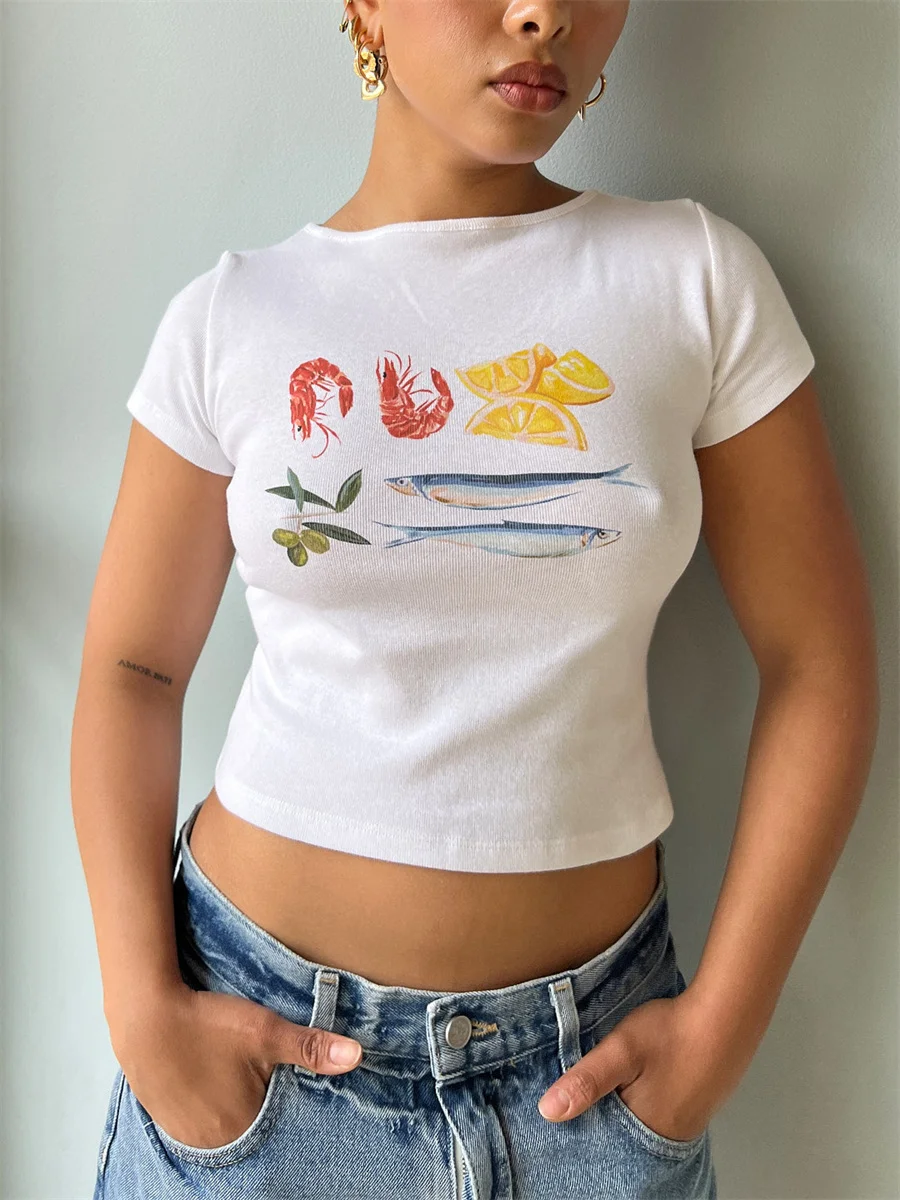 Maglietta Donna Y2K Crop Top Maniche Corte - Retrò Carina Con Grafica, Slim Fit, Vestibilità Vintage, Taglie Giovani