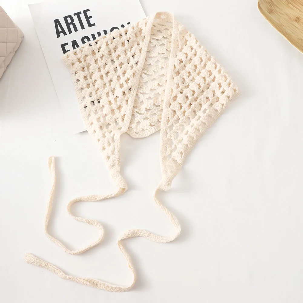 New Korean Hollow Out Knitted Triangular Bandanas for Women Head Wrap Kerchief  Handmade Crochet Headscarf Triangle Scarf