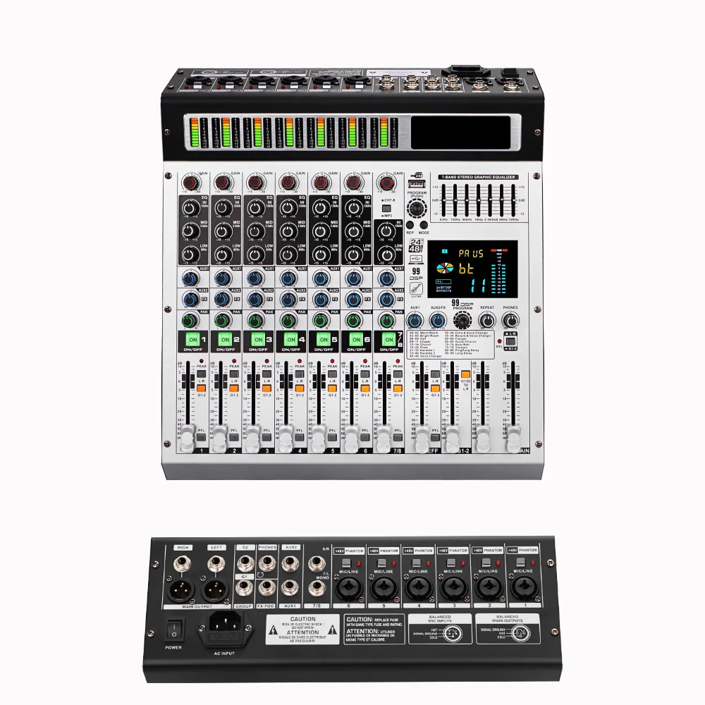 SenMicre MX8 8 채널 사운드 믹서 무대 공연 DJ 믹싱 콘솔 12 채널 사운드 테이블 가라오케 내장 99 리버브 효과 전문 오디오 믹서