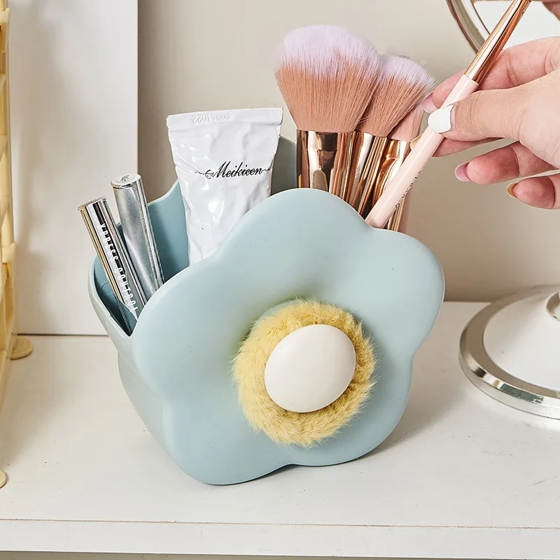 Flower Makeup Brush Storage Box Wall Mounted Household Bathroom Vanity Table Desktop Comb Toothbrush Shelf Cute Pen Holder 3