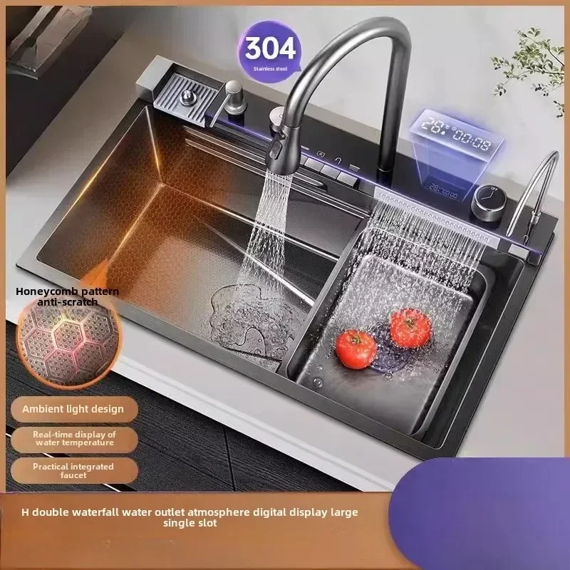 Thickened Waterfall Sink 304 Stainless Steel Handmade Large Single Sink Household Kitchen Counter Up and Down Dishwashing Basin